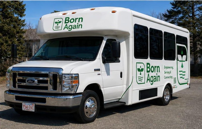 Front of the Born Again bus parked